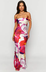 Ella Pink Floral Print Off Shoulder Formal Dress