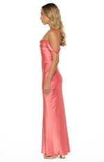 Side view of a pink satin formal dress with a draped off-shoulder neckline and a fitted silhouette flowing into a straight skirt