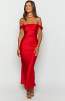 Beginning Boutique Ella Red Off Shoulder Formal Dress red off-shoulder ruched bodice fitted midi formal dress