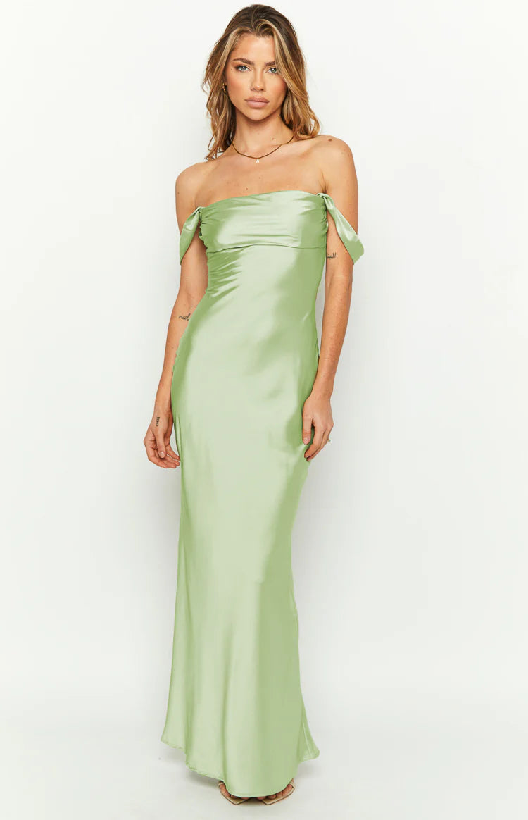sage off shoulder dress under $100 Ella Sage Off Shoulder Formal Maxi Dress - 16