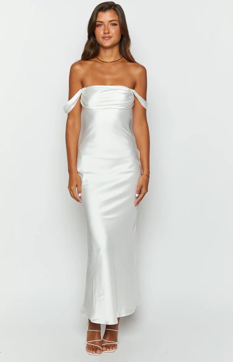 Ella White Off Shoulder Formal Dress - US 8 | Beginning Boutique exclusive Ella White Off Shoulder Formal Dress - US 8 | Beginning Boutique exclusive