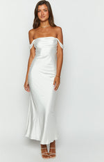 White satin off-shoulder midi dress with a softly draped neckline and fitted silhouette
