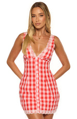 Elliana Red Gingham Lace Trim Mini Dress Image