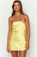 Beginning Boutique Ellie Yellow Strapless Mini Dress yellow satin strapless mini dress with a straight neckline