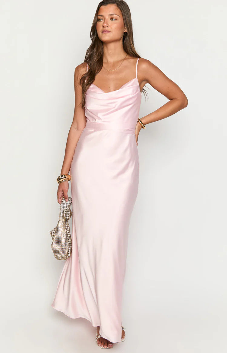 maxi wrap dress pink PrettyLittleThing Women's Slinky Off Shoulder Wrap Detail Maxi Dress in Blush Rose