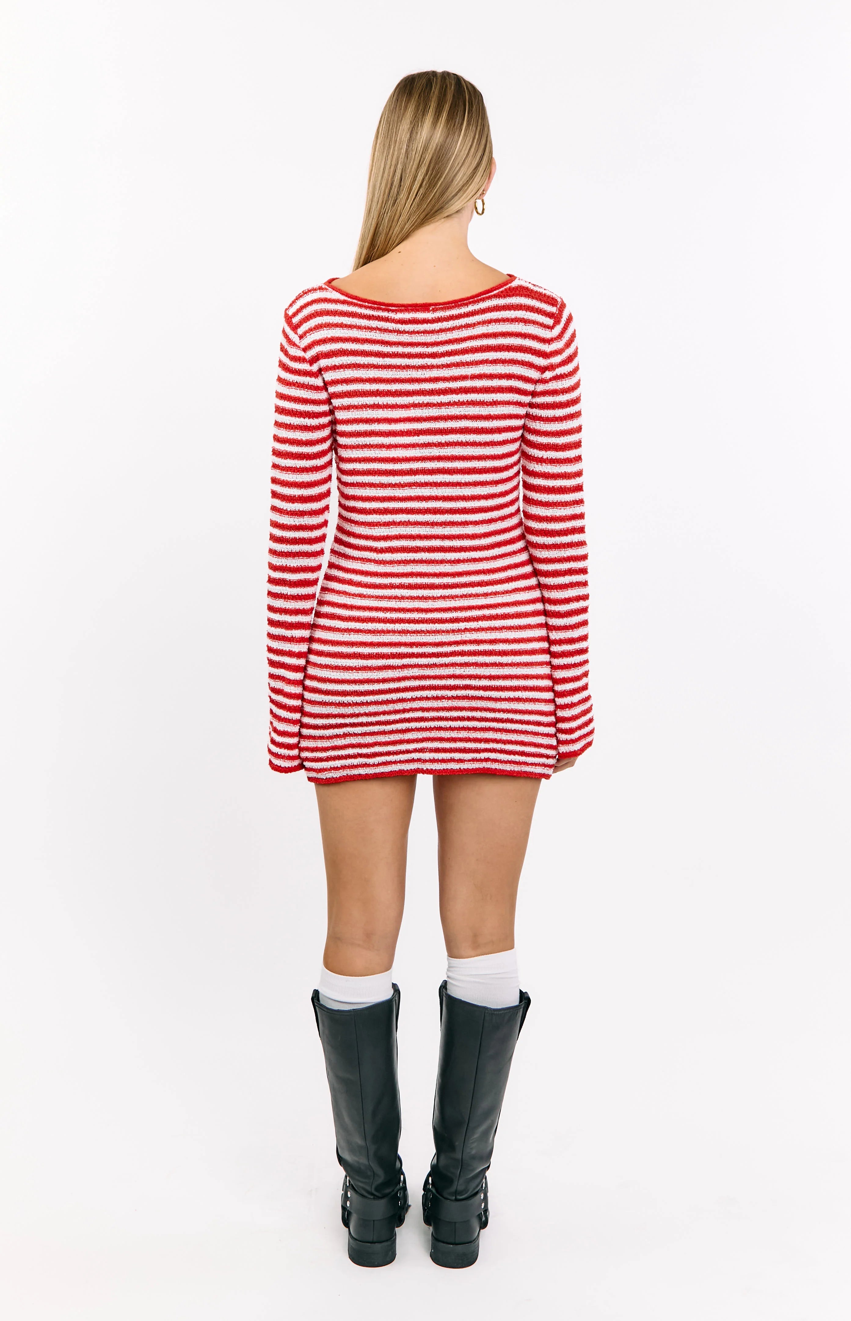 fitted lace wedding dress Elmer Red Stripe Long Sleeve Knit Mini Dress