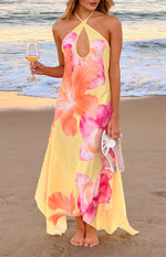Elowen Yellow Hibiscus Floral Halter Maxi Dress Image