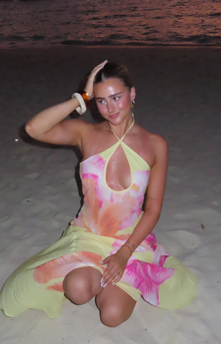 Elowen Yellow Hibiscus Floral Halter Maxi Dress