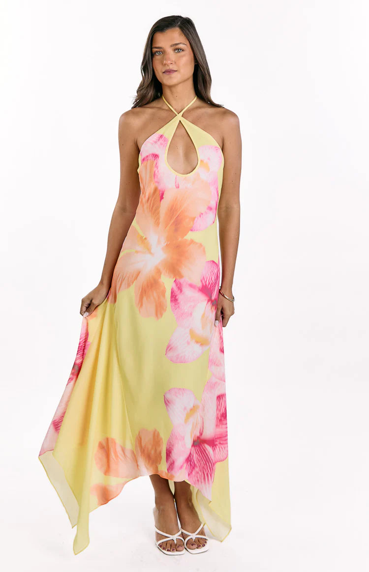 Elowen Yellow Hibiscus Floral Halter Maxi Dress - US 2 | Beginning Boutique Exclusive Elowen Yellow Hibiscus Floral Halter Maxi Dress - US 2 | Beginning Boutique Exclusive