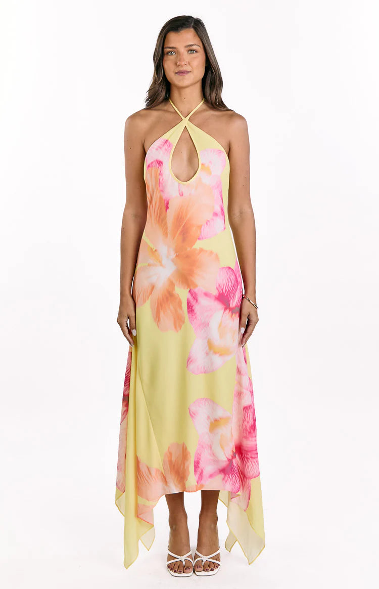 Elowen Yellow Hibiscus Floral Halter Maxi Dress | Beginning Boutique US Elowen Yellow Hibiscus Floral Halter Maxi Dress | Beginning Boutique US