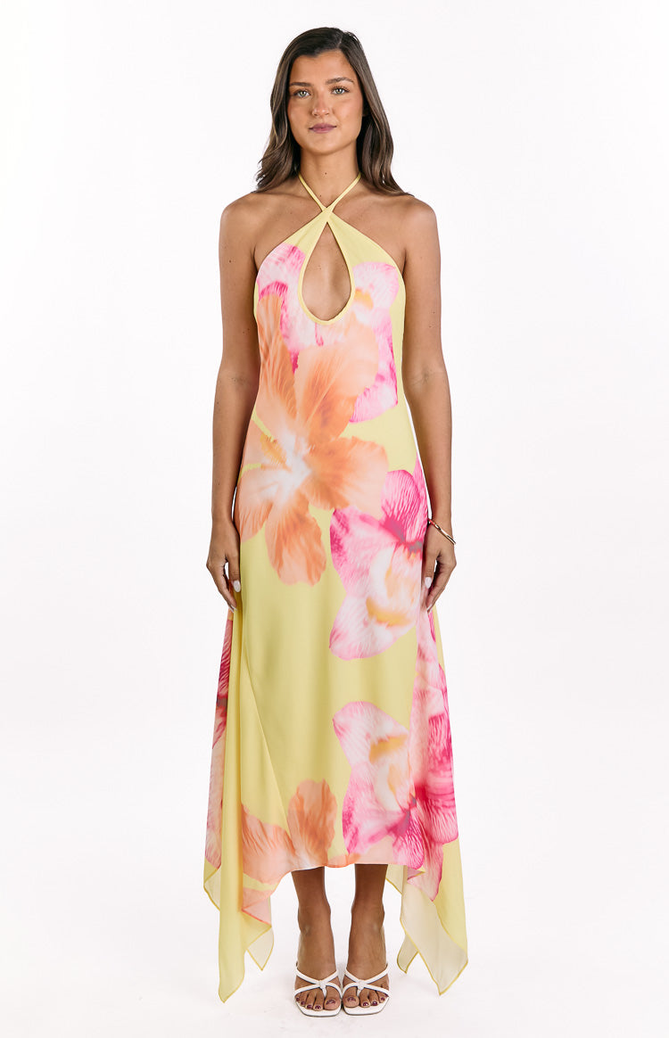 Elowen Yellow Hibiscus Floral Halter Maxi Dress Image
