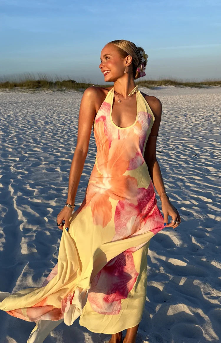 hibiscus halter dress ASOS DESIGN mesh super plunge cowl halter dress with blown up hibiscus print in orange