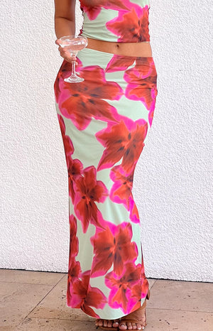 Beginning Boutique Elsa Green Floral Maxi Skirt mint green with large red pink floral print high side split