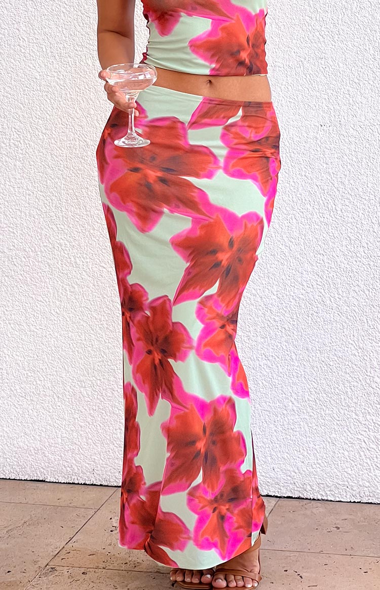 Beginning Boutique Elsa Green Floral Maxi Skirt mint green with large red pink floral print high side split