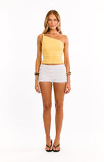 Front view of a fitted yellow ruched one-shoulder top with a single spaghetti strap