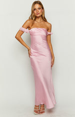 Front view of a pink satin off-shoulder maxi dress with ruffled sleeves and a fitted bodice