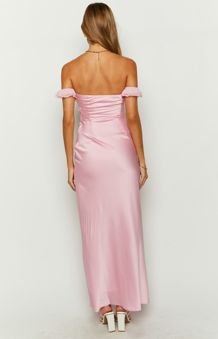 Close-up of the pink satin off-shoulder maxi dress with delicate ruffled sleeves