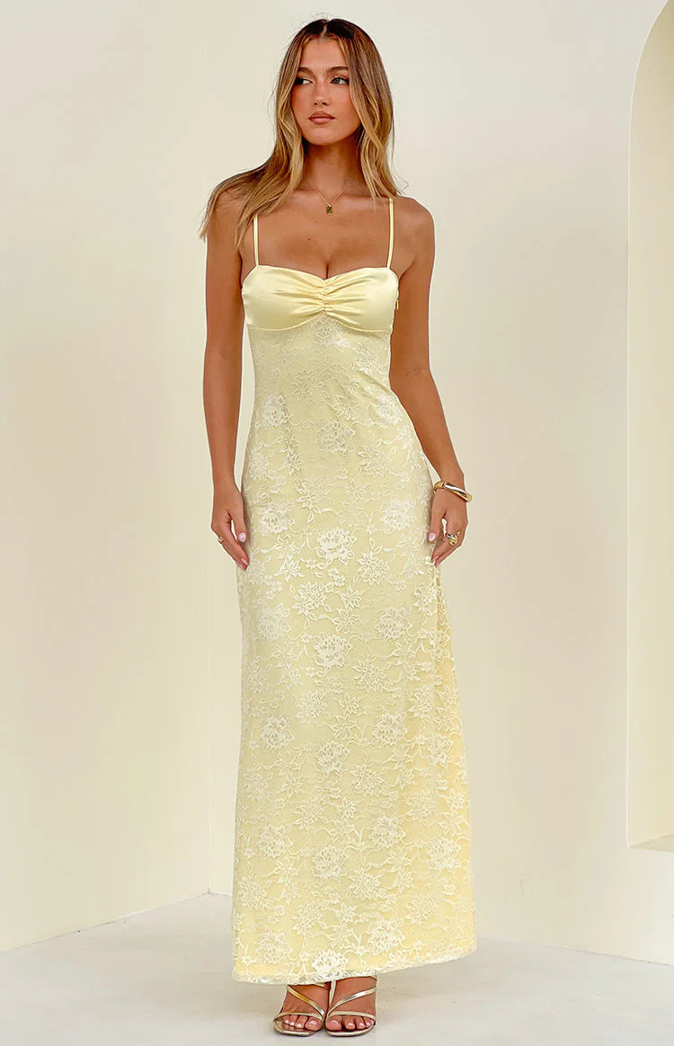 knee length dresses for ladies Ivonne Lace Trim V-Neck Maxi Dress Yellow