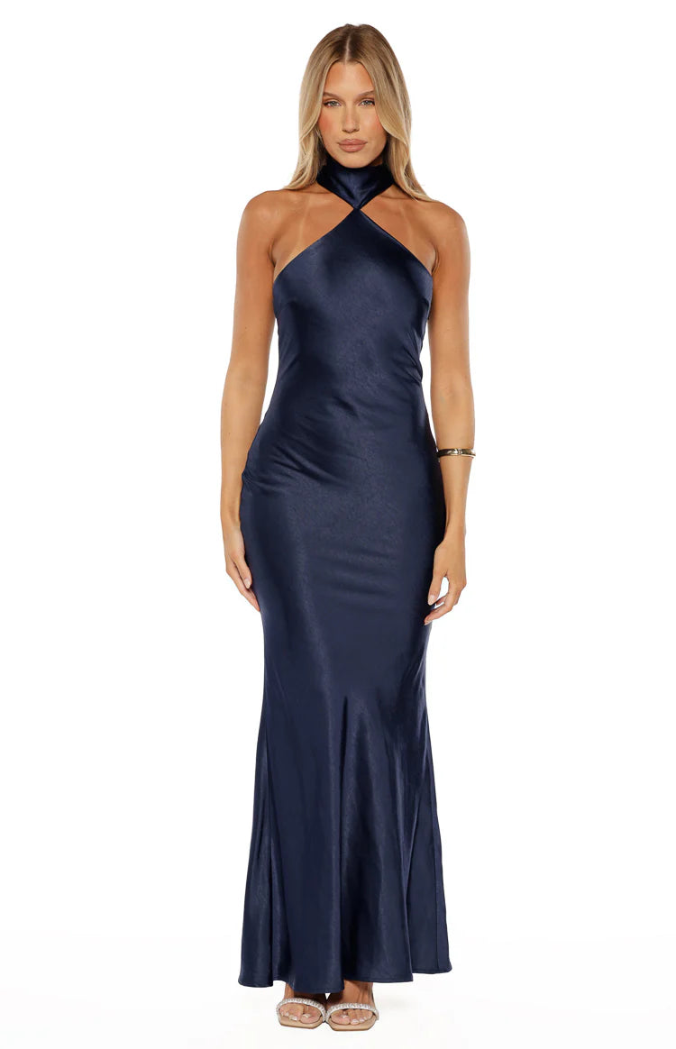 Ember Navy Satin Maxi Dress - US 12