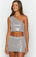 Beginning Boutique Emiko Grey Sequin Mini Skirt grey sequin fitted mini skirt