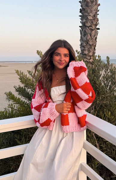 Envi Pink And Red Checkered Knit Cardigan | Beginning Boutique US