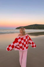 Envi Pink And Red Checkered Knit Cardigan