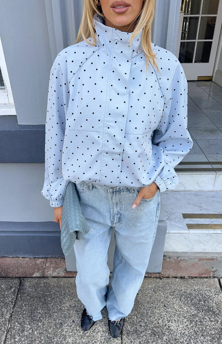 Erin Blue Polka Dot Funnel Neck Sports Jacket