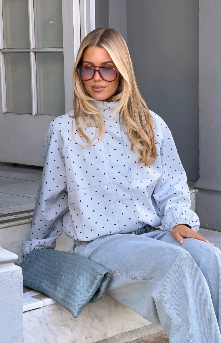 Erin Blue Polka Dot Funnel Neck Sports Jacket