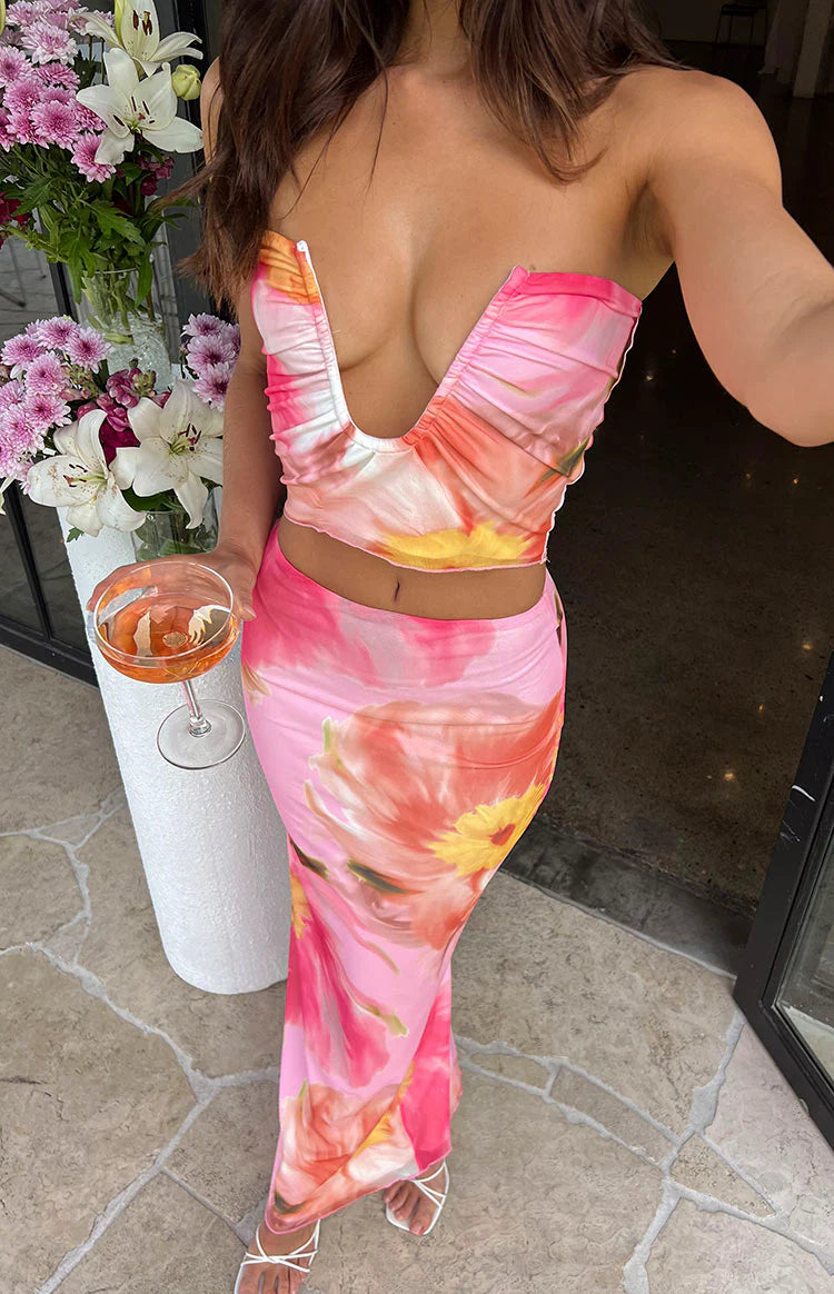 Esha Pink Floral Strapless Crop Top - US 8