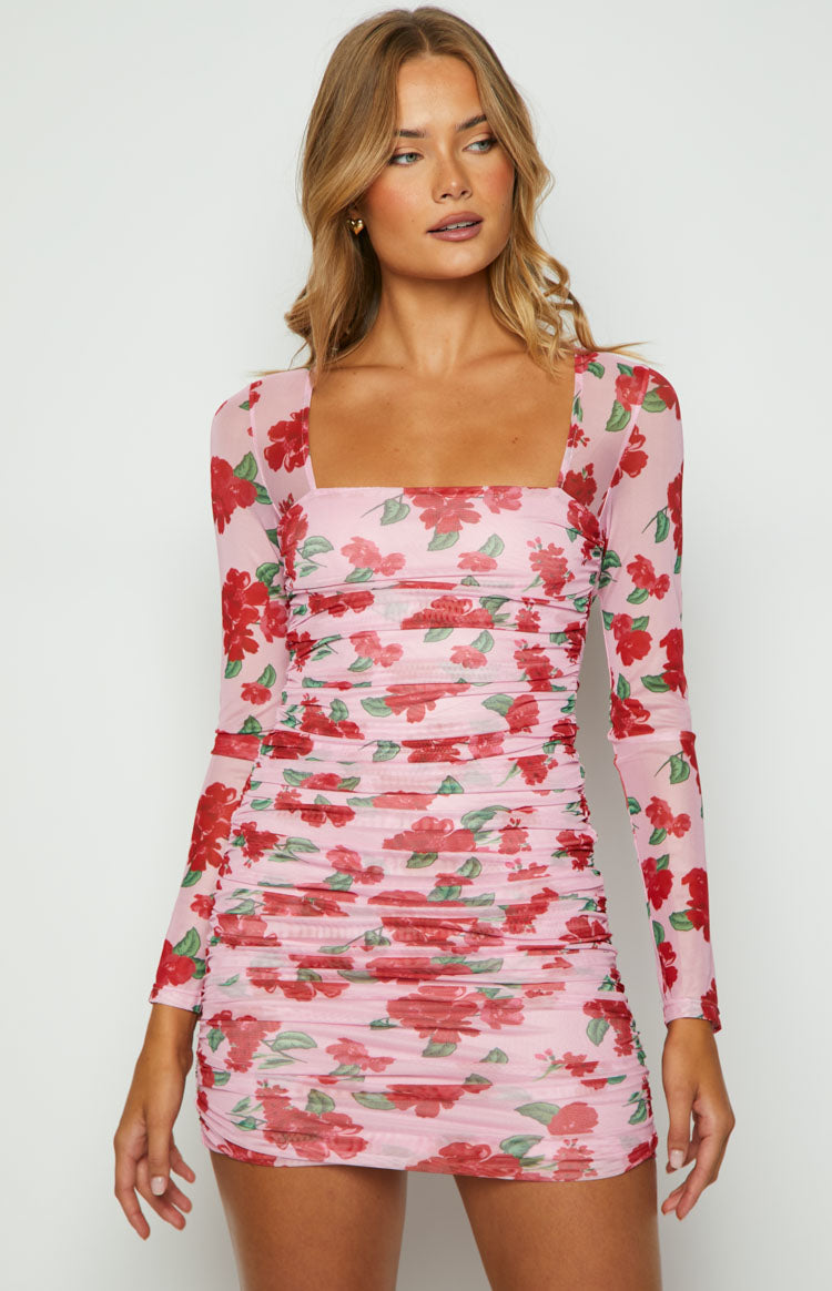 Estee Pink Print Long Sleeve Mesh Mini Party Dress Image