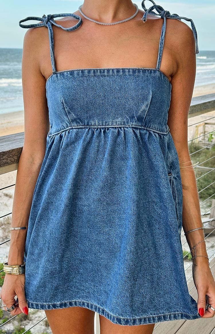 denim smock dress Ethel Blue Denim Tie Strap Mini Dress - US 10
