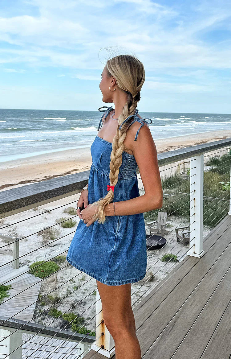 Ethel Blue Denim Tie Strap Mini Dress - US 10