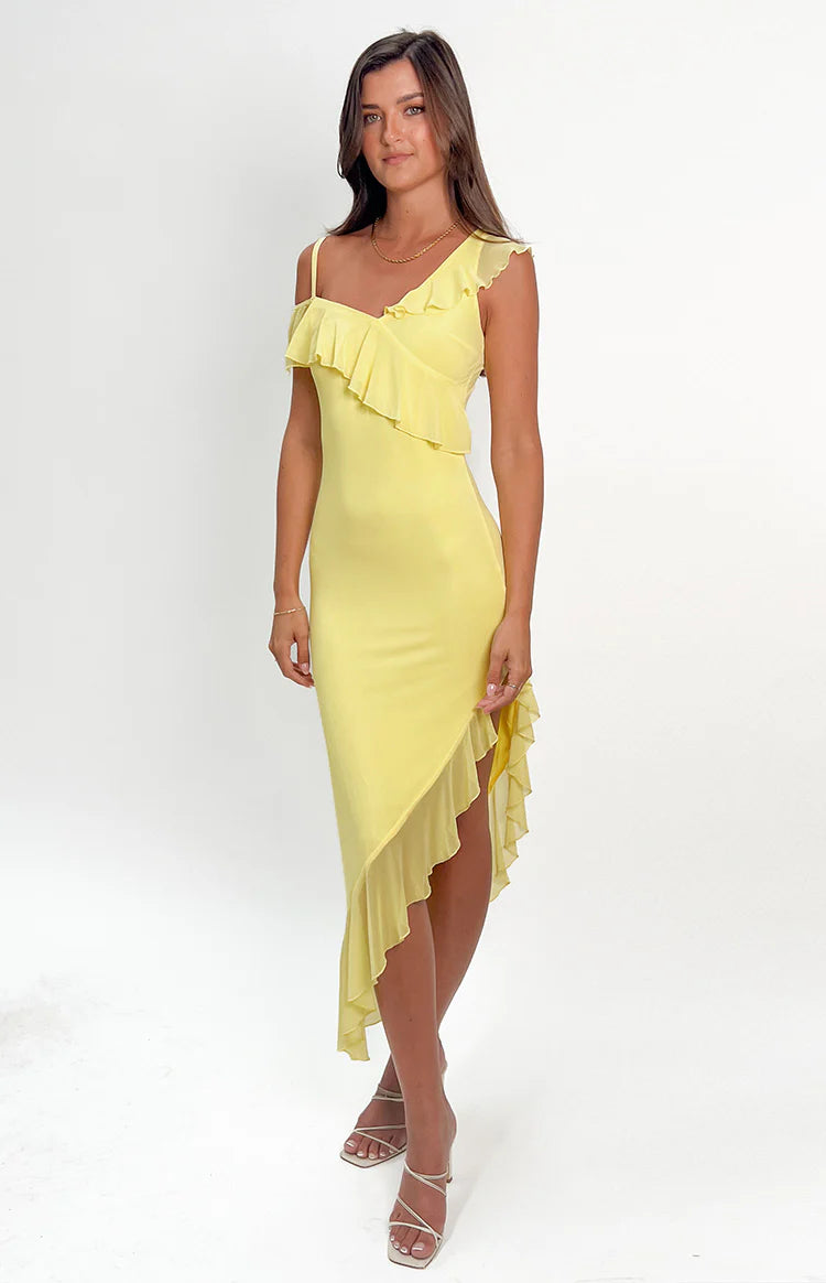 Everleene Yellow Ruffle Mesh Midi Dress - US 6
