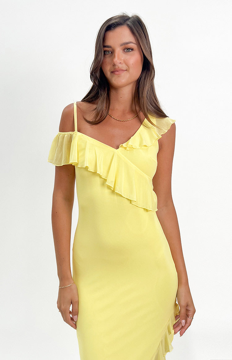Yellow mesh midi dress with an asymmetric ruffle bodice and one-shoulder spaghetti strap