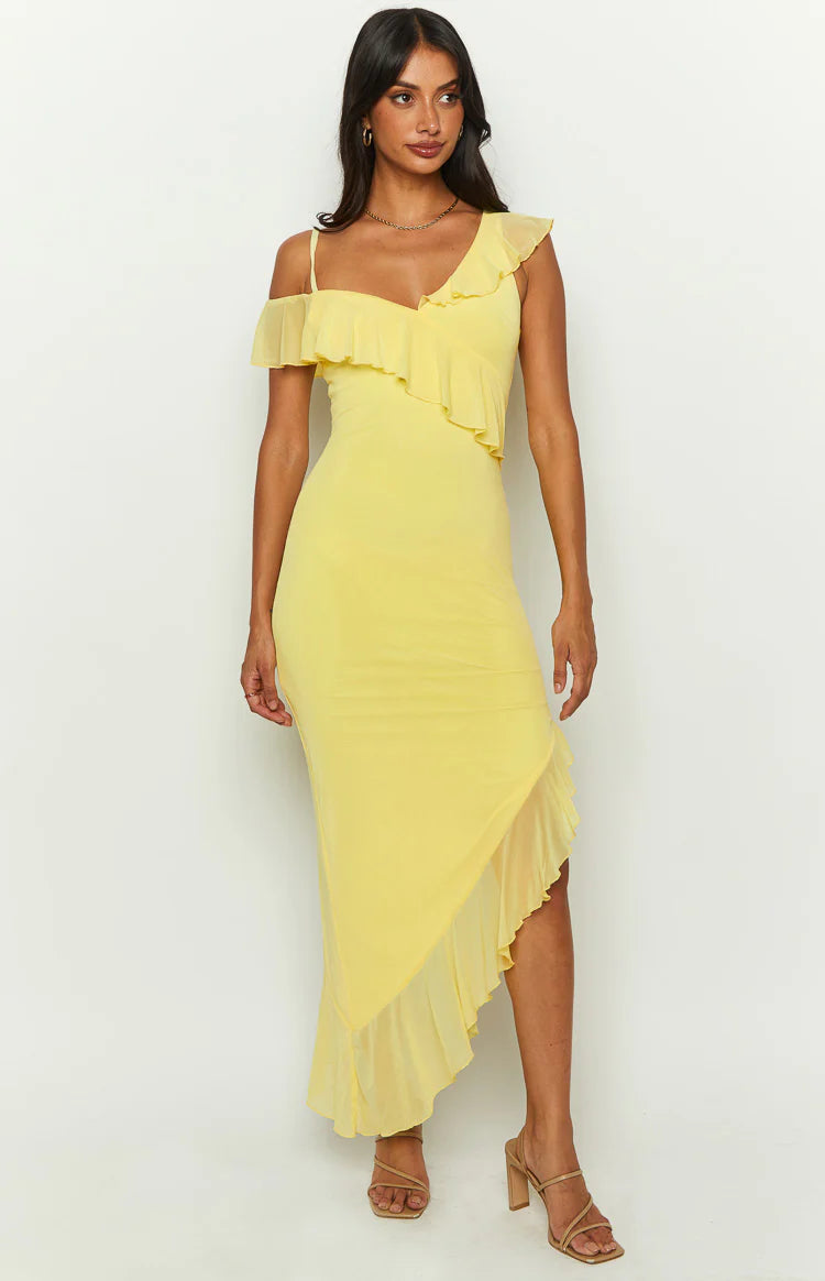 Everleene Yellow Ruffle Mesh Midi Dress - US 6 | Beginning Boutique exclusive Everleene Yellow Ruffle Mesh Midi Dress - US 6 | Beginning Boutique exclusive