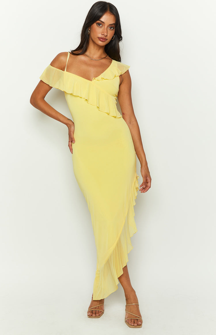 Yellow midi dress with an asymmetrical ruffled neckline and cascading mesh ruffles down the side