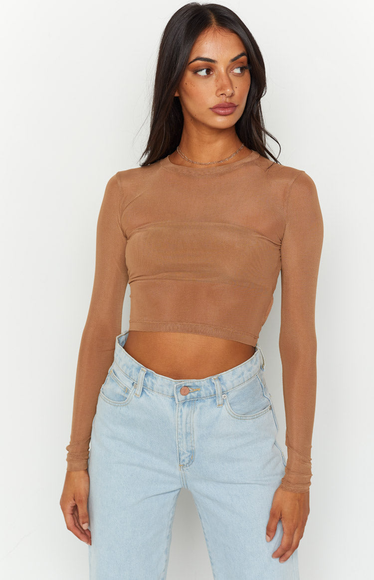 Evermore Beige Mesh Long Sleeve Top – Beginning Boutique US