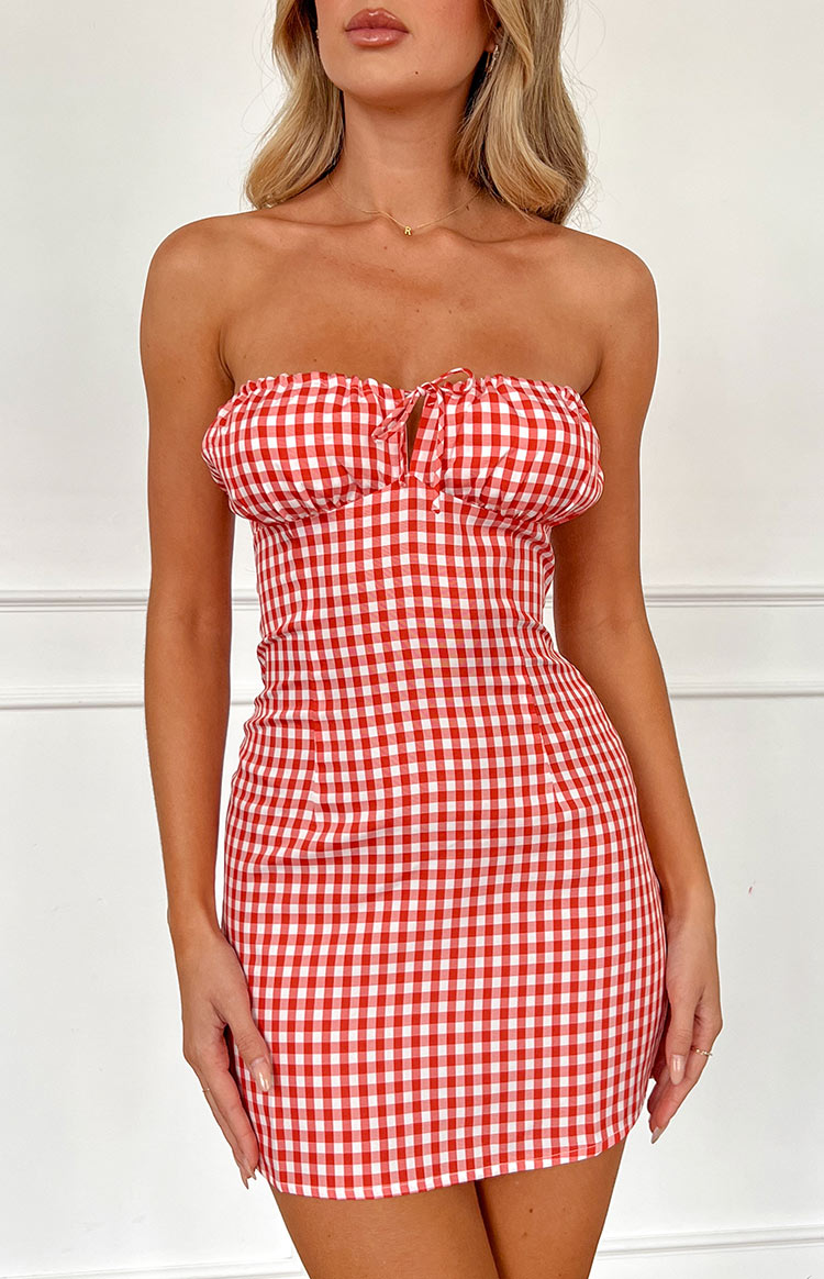 BB Exclusive Faith Red Gingham Strapless Mini Dress