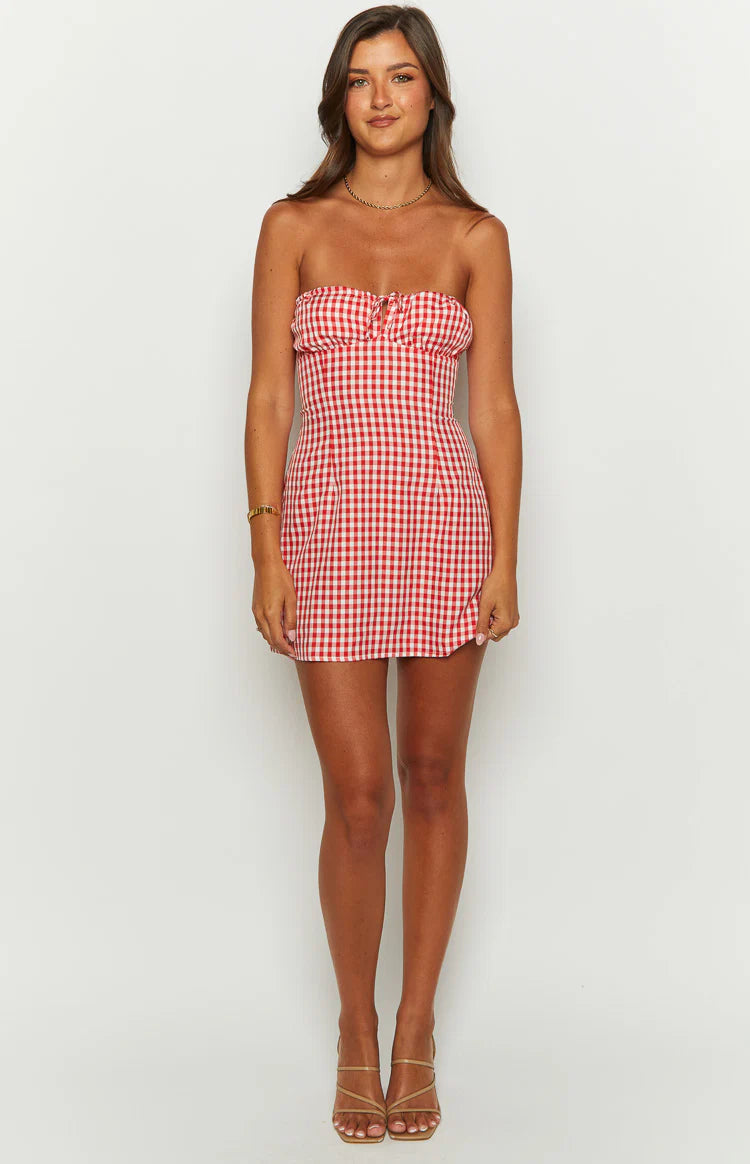 Faith Red Gingham Strapless Mini Dress - US 2 | Beginning Boutique Exclusive Faith Red Gingham Strapless Mini Dress - US 2 | Beginning Boutique Exclusive