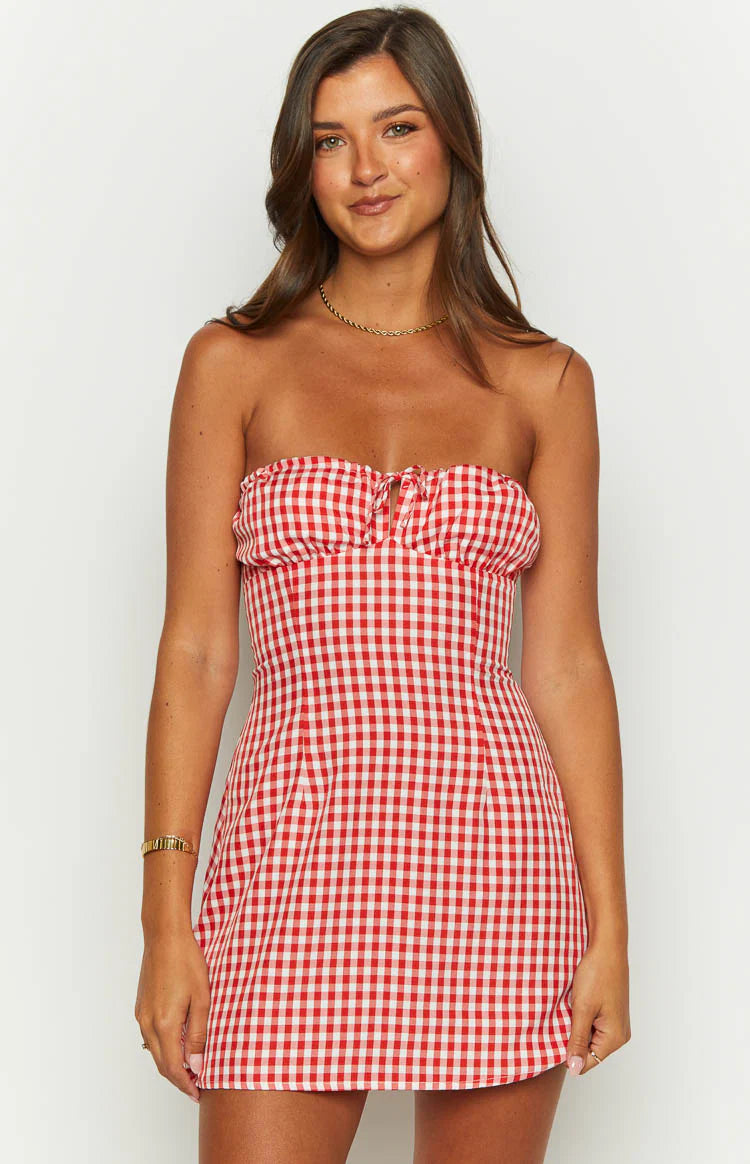 Faith Red Gingham Strapless Mini Dress - US 2 Faith Red Gingham Strapless Mini Dress - US 2