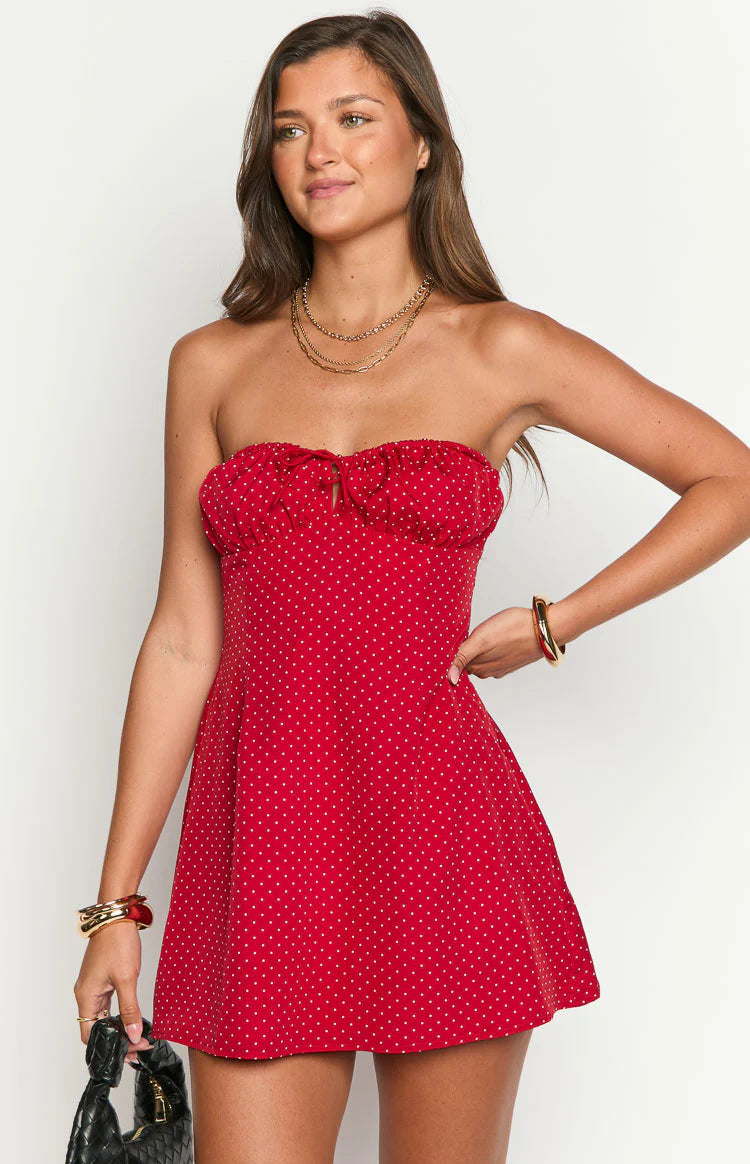 Faith Red Polka Dot Strapless Mini Dress