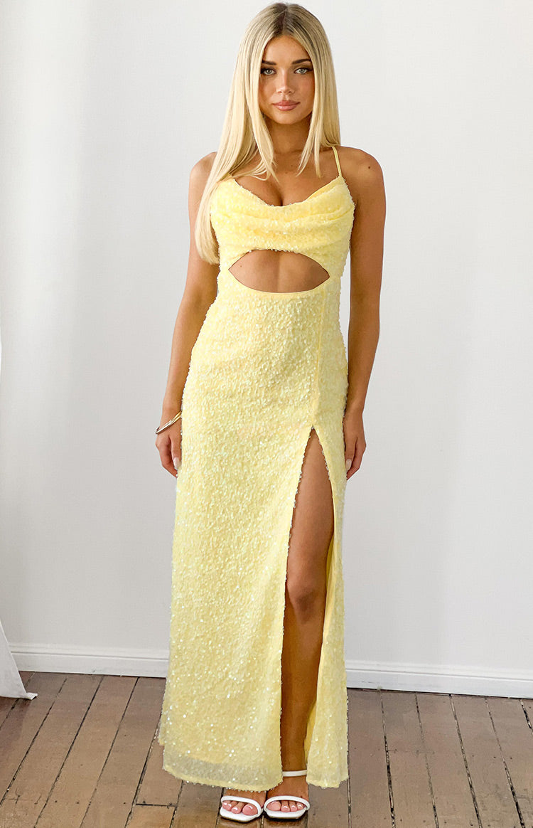 Fallon Yellow Sequin Cut Out Formal Maxi Dress - US 14