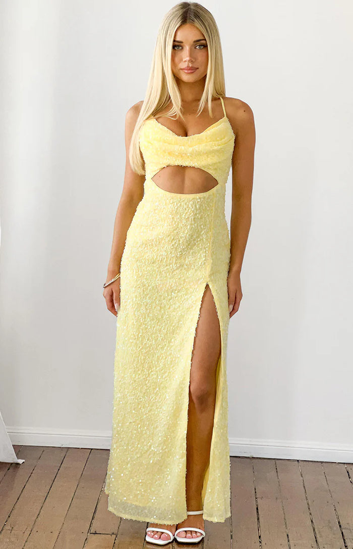 Fallon Yellow Sequin Cut Out Formal Maxi Dress | Beginning Boutique US