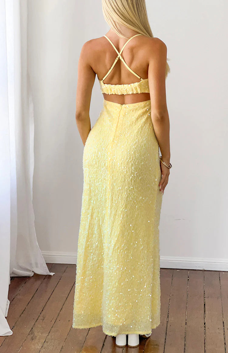 Fallon Yellow Sequin Cut Out Formal Maxi Dress - US 14 | Beginning Boutique exclusive Fallon Yellow Sequin Cut Out Formal Maxi Dress - US 14 | Beginning Boutique exclusive
