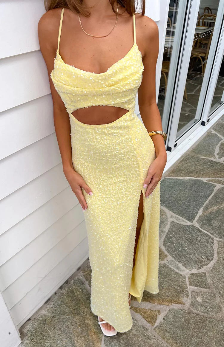 white christmas dresses Fallon Yellow Sequin Cut Out Formal Maxi Dress - US 14