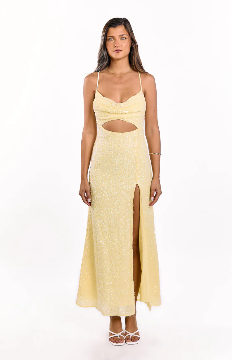 Fallon Yellow Sequin Cut Out Formal Maxi Dress - US 14 | Beginning Boutique exclusive