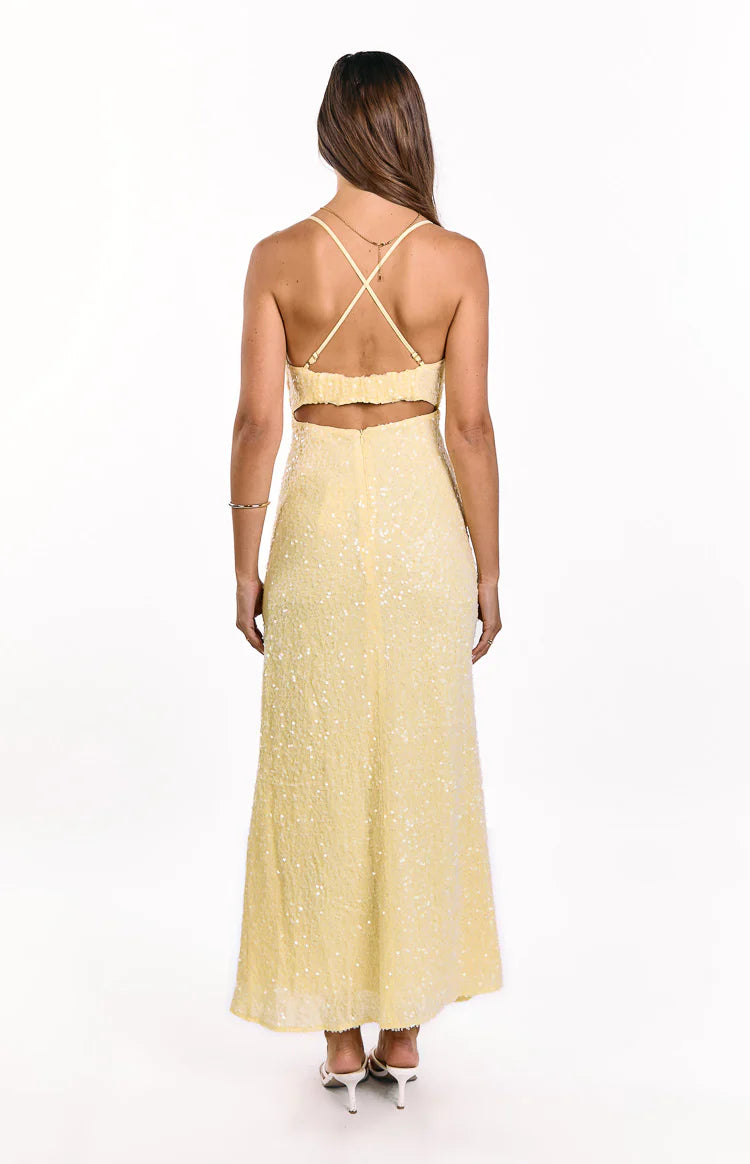 Fallon Yellow Sequin Cut Out Formal Maxi Dress - US 14 | Beginning Boutique Exclusive