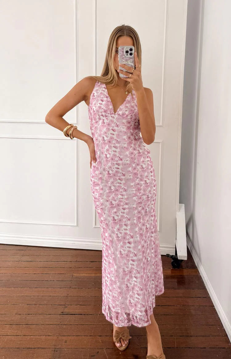 soft pink floral lace back maxi dress Farida Pink Lace Maxi Dress - US 4