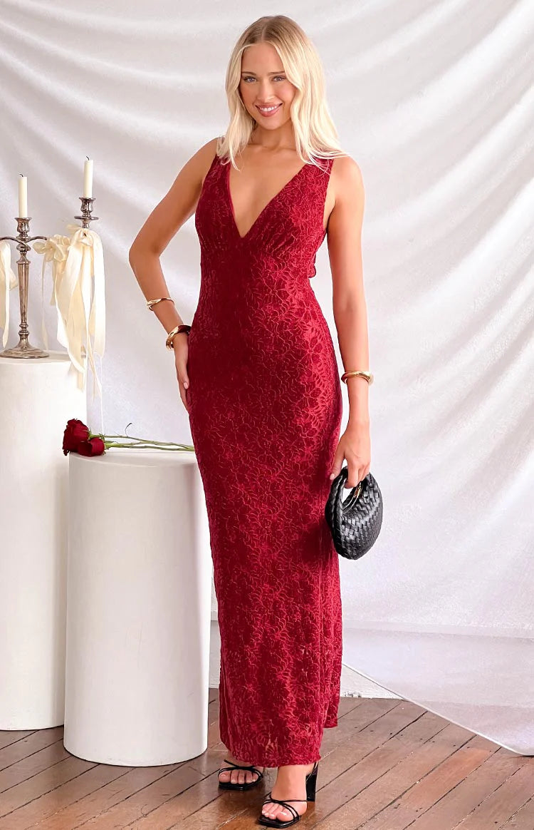 Farida Red Lace Maxi Dress - US 10 | Beginning Boutique Exclusive Farida Red Lace Maxi Dress - US 10 | Beginning Boutique Exclusive