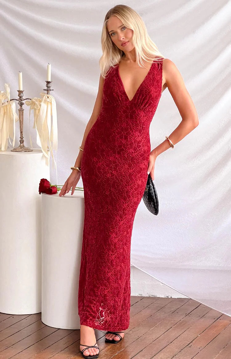 maxi red formal dress Lace Prom Dresses Long V Neck Rose Red Formal Maxi Dress apd3235